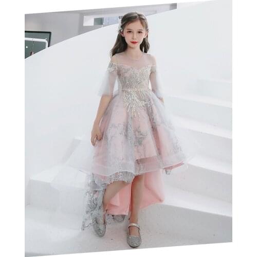 Baby Girls Birthday Dress Puffy Tulle High Low Kids Pageant Dress Wedding Girls Evening Party Sequin Ball Gown Children Clothes