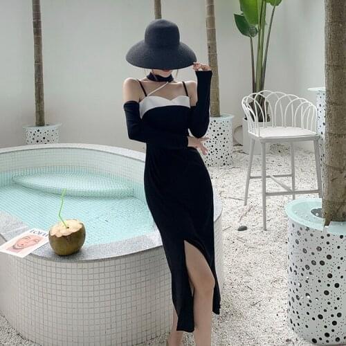 Spring autumn black patchwork Dress Women Sexy Off shoulder Long Sleeve Long Dresses Solid Streetwear Female Vestidos