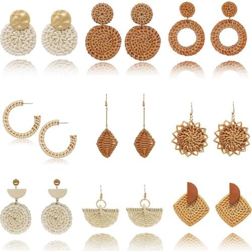 Origin Summer Handmade Rattan Knit Pendant Drop Earrings for Women Round Hanging Rattan Straw Weave Earrings Beach Jewelry