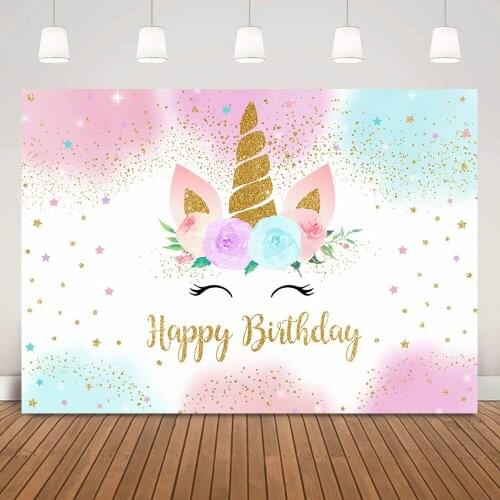 Floral Unicorn Happy Birthday Backdrop Flowers Glitter Stars Unicorn Girl Kids Birthday Background Rainbow Splash Photography