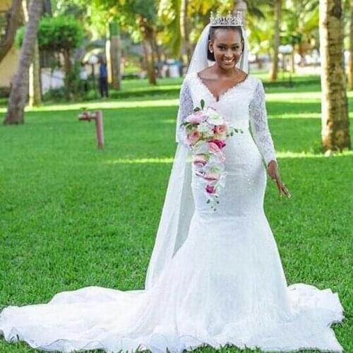 Sexy V Neck Mermaid Wedding Dresses South African Lace Long Sleeves Bridal Gowns Court Train Custom Made Vestidos