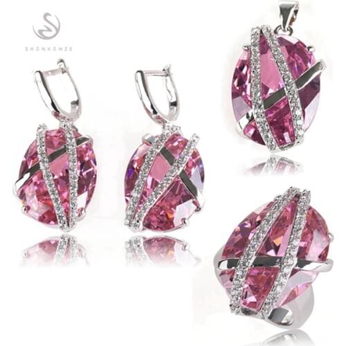 SHUNXUNZE jewelry sets wedding (ring/earring/pendant) Olive Pink Rainbow Cubic Zirconia Rhodium Plated R525set R528set R3312set
