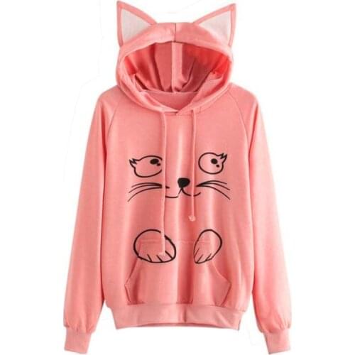 Hoodies Sweatshirt Womens Fashion Autumn Lovely Cat Printed Long Sleeve Sweatshirt Hooded Pullover Tops sudadera mujer W1