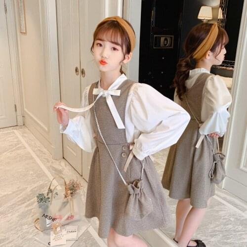 Girls Dress Spring 2021 New American And European Style Academy Children Clothing Blouse + Vest Dresses Two Pieces Sets