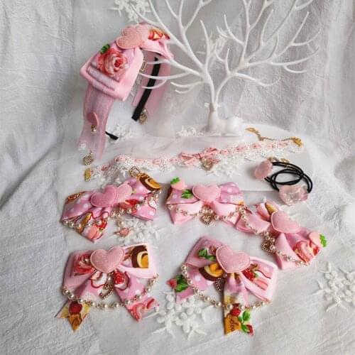 Handmade pink sweet strawberry cherry Lolita Lolita JSK dress dress hair accessories hairpin necklace hairband