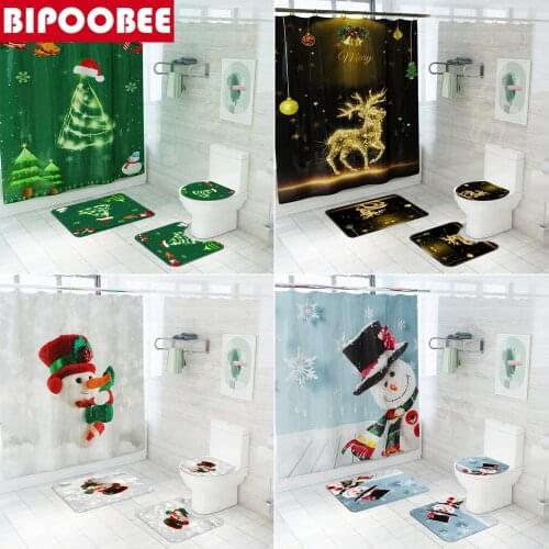 Green Christmas Tree Snowman Elk Print Shower Curtain Mildewproof Bath Mat Toilet Cover Pedestal Anti-slip Carpet Bathroom Decor
