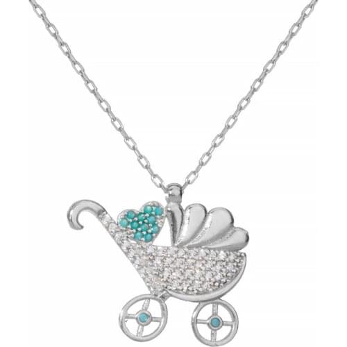 Heart Baby Carriage Model Women Necklace Zircon Gemstone Women Necklace Unique Design Women Made in Turkey