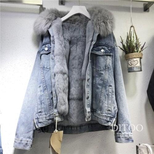 Women Denim Jacket Oversized Loose Fur Collar Plus Velvet Jean Parkas Women Winter Clothes Vintage Cotton Thick Warm Denim Coat