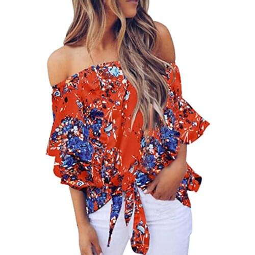 Basic tops платье женское летнее Women tee shirt Casual Tunic Sexy Printed Blouse Off The Shoulder Tie Knot Front Top femme