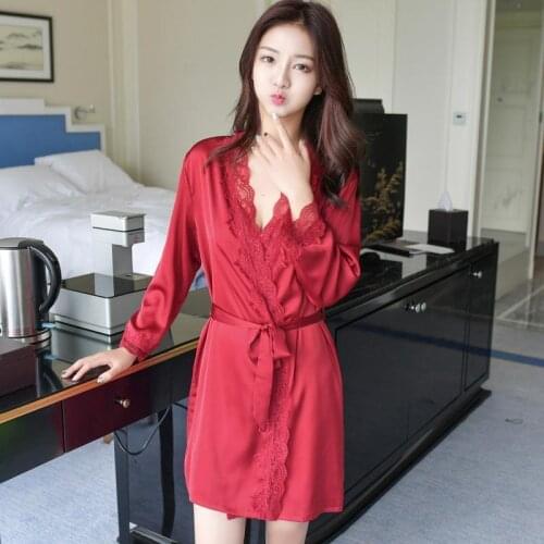 Womens Satin Silk Lace Robe Female Sexy Bathrobe Robes Sleepwear Ladies Mini Above Knee Robe For Women Drop Shipping