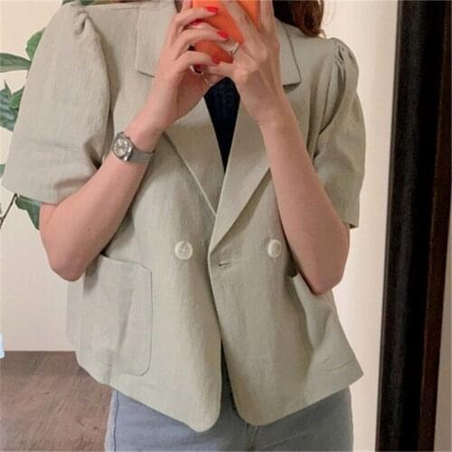 Korean Fashion Chic Puff Sleeve Blazer Jacket Short Sleeve Buttons Pockets Linen Wild Short Outerwear 2021 Autumn Women Clothes