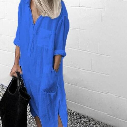 Fashion Casual Women Spring Dress Elegant Loose Slit White Red Blue V-neck Long Sleeve Party Dresses Plus Size 3xl Robe Femme