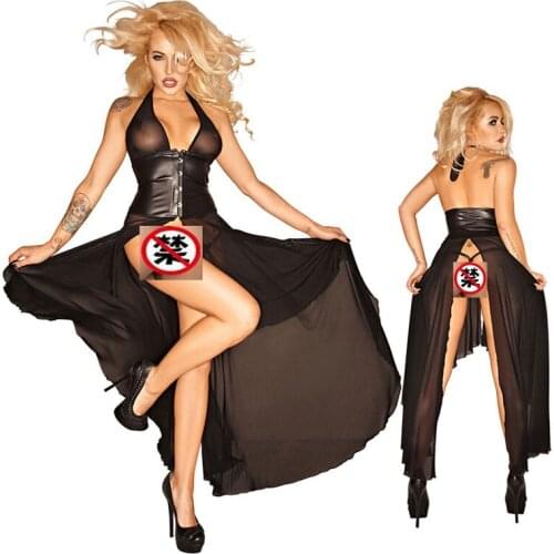 Women Sexy Lingerie Sheer Lace Halter Nightwear Gown Long Dress G-String Hens Sleepwear dress 92015 one size S-L