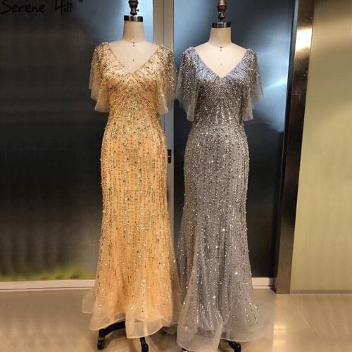 Gold V-Neck Luxury Sexy Mermaid Evening Dresses 2020 Dubai Short Sleeve Sequined Beading Formal Dress Real Photo LE40725