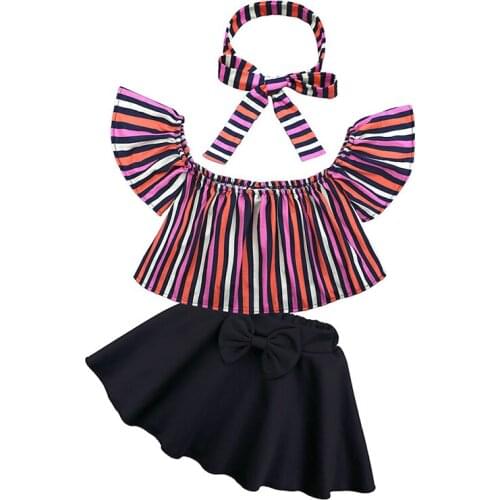 New Multicolor Striped T-shirt + Headband + Skirt 3pcs Clothing Sets For Little Girls Fashion Clothes Set Kids Costume Roupas