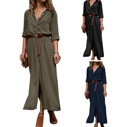 80% Hot Sales!!! Autumn Women Solid Color Long Sleeve Split Button Waistband Slim Fits Maxi Dress