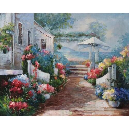 Free shipping Mediterranean sea flower road house oil painting canvas painting prints on canvas wall art decoration picture