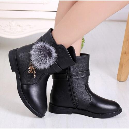 Kids Princess Ankle Boots Hair Ball Cartoon Designers Shoes Slip-resistant Plush Winter Boots Black Red Flat Dress Shoes #27-38