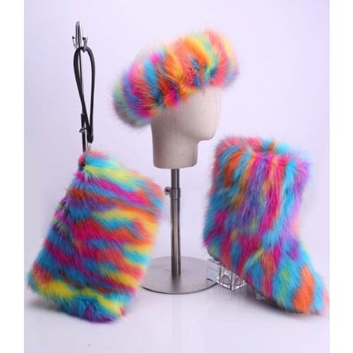 New Winter Faux Fox Fur Snow Boots Warm Shoes Women Fluffy Furry Fur Headband Fashion Plush Handbag Purse Three-piece Sets