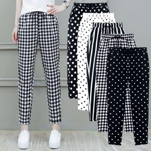 2020 Summer New Women Trousers Plus Size 4XL Female Capris Plaid Ankle-Length Pants Casual Dot Pants Drawstring Striped Pant G