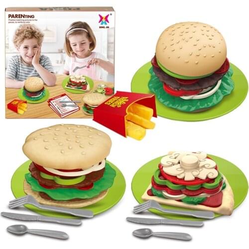 Kids Simulation Food Pretend Kitchen Toys Boxed Burger Pizza Sandwich Fries Fast Food Plate Baby Cooking Set Toys For Children