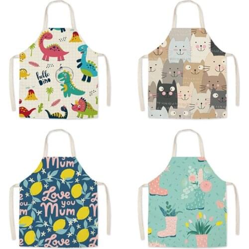 1 Pcs Kitchen Apron Cute Cartoon Cat Printed Sleeveless Cotton Linen Aprons for Men Women Home Cleaning Tools Fartuchy Tablier