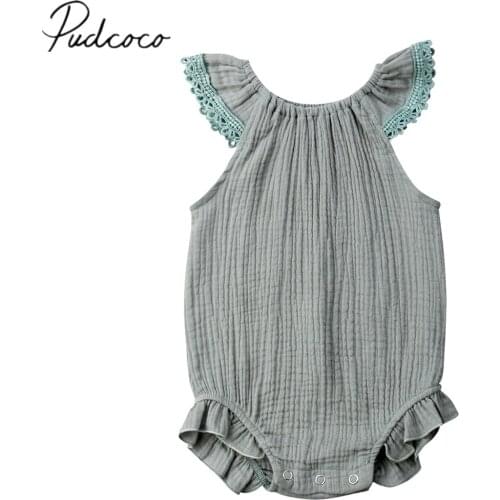2019 Brand New 0-18M Infant Kid Baby Girl Solid Bodysuits Lace Ruffles Short Sleeve Solid Jumpsuits Cotton Linens Summer Clothes