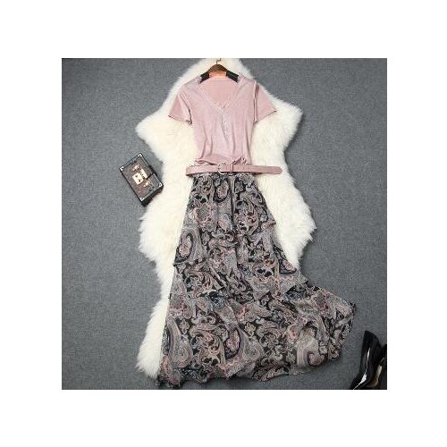 Summer womens new sexy V-neck nail drill bright silk shirt + printed half skirt te3502