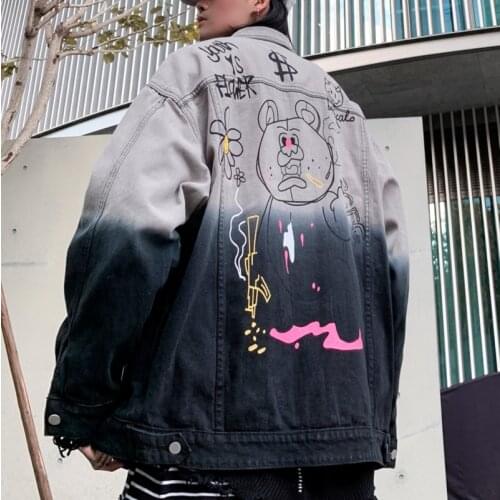 Hand-painted graphic denim jacket mens back printing street wear tie-dye gradient graffiti jacket fashion hip hop punk College