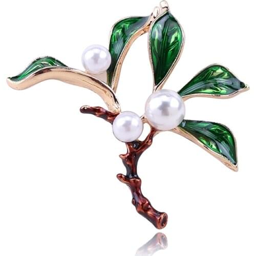 New Fashion Design Green Plant Brooch Branch Pearl Drop Oil Brooch Clothing Accessories Party Gift Jewelry Branch Brooch