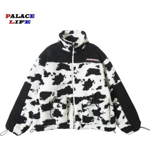 Lamb Wool Padded Parkas Jackets Streetwear Winter Hip Hop Color Block Patchwork Cows Spot Full Zip Oversize Coats Outwear 2020