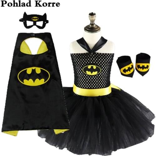 4 Pcs Black Superhero Bat Girl Tutu Dress Belt Super Hero Batgirl Dresses Birthday Party Dress Super Hero Halloween Costume XX00
