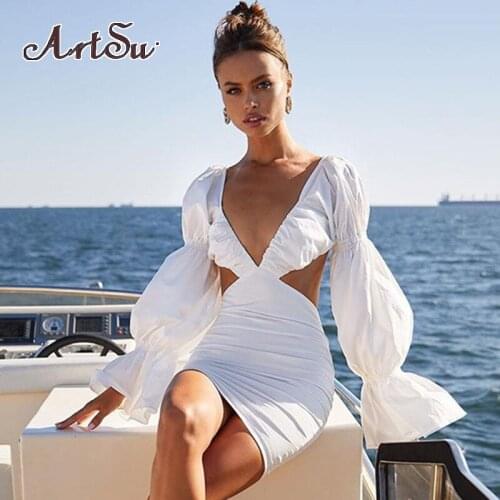 Artsu Off Shoulder Sexy V Neck Flare Long Sleeve Dress Women Elegant White Backless Cut Out Birthday Dresses Holiday