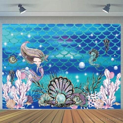 Underwater Blue Sea Little Princess Photography Background Mussel Pearls Decoration Girl Birthday Family Party Backdrops Poster