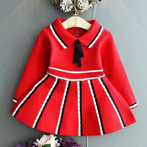 Christmas Kids Dresses For Girls Striped Knitted Peter Pan Collar Autumn Winter Boutique Children Clothing For School