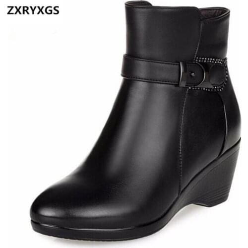 2019 Winter Shoes Woman Warm Comfortable Inside Plush or Wool Boots Snow Boots Non-slip Slope with High Heels Real Leather Boots