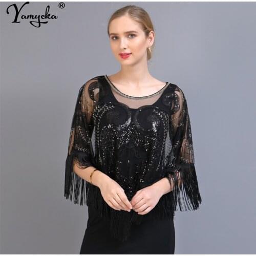 Sexy See Through mesh blouses elegant Sequin crop top womens Summer smock Party vintage Cover Up tops Tassel Cardigan shawl 2021