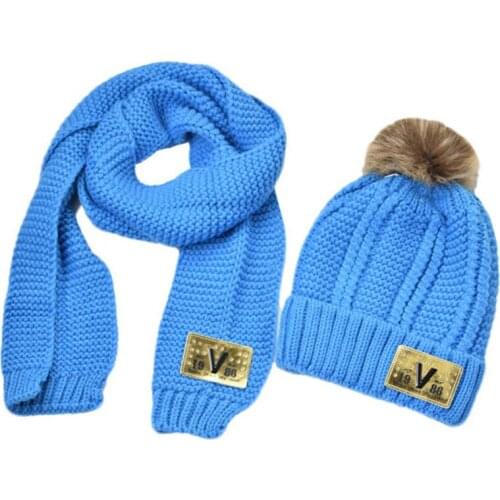 New Autumn Winter Cotton Children Plus Velvet Hats Set Baby Thick Hat Girls Boys Pom pom Beanies Kids Warm Fleece Cap Scarf Set