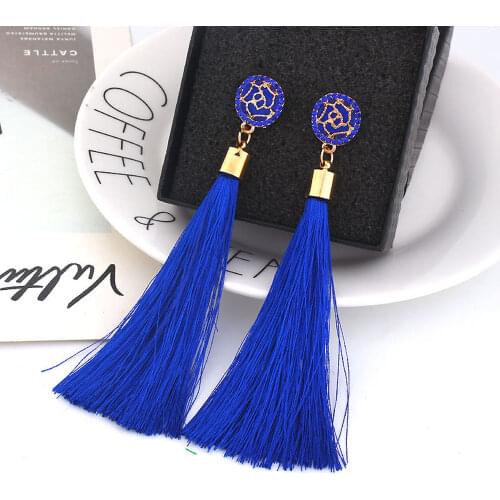SUMENG Bohemian Crystal Tassel Earrings Black White Blue Red Pink Silk Fabric Long Drop Dangle Tassel Earrings For Women Jewelry