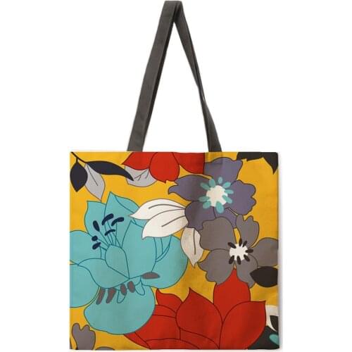 Flower and bird pattern printing tote bag linen fabric bag casual folding shopping bag outdoor beach bag everyday handbag