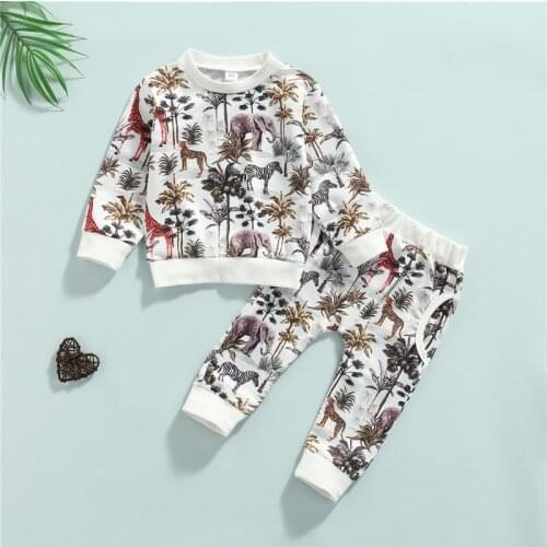 1-5 Years Baby Boys Spring Fall Clothes Set Forest Animal Print Long Sleeve T-Shirt Elastic Waist Trousers Outfits For Boys