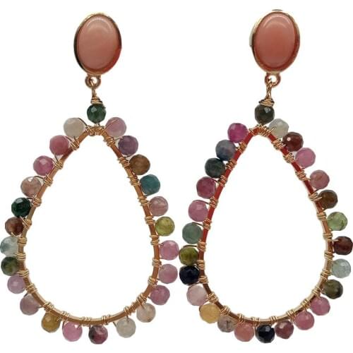 YYGEM Natural 3MM Faceted round Tourmaline Gold filled Teardrop loop Pink Aventurine Stud Earrings handmade cute for Girls Gift