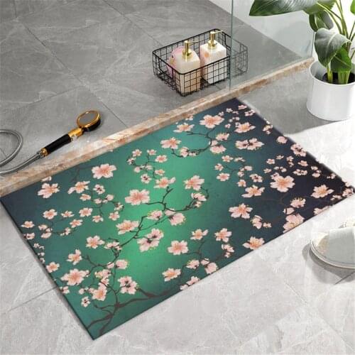 Chinese Style Green Flannel Microfiber Mat With Flower Non-slip Kitchen Runner Mat Bedroom Floor Mat Machine Washable Bath Mat