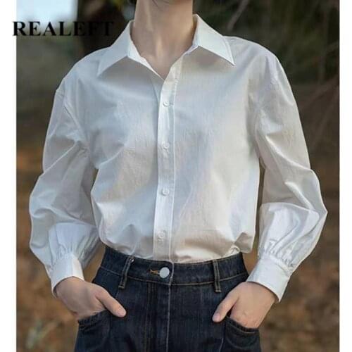REALEFT 2021 New Autumn Cotton White Womens Blouse Chic Turn-down Collar Casual Loose Female Blouse Tops Workwear Office Shirts