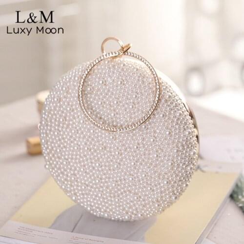 Womens Round Clutch Bag Wedding Bridal Pearl Beaded Evening Bag Luxury Designer Diamond Purses And Handbags Sac A Main X603H