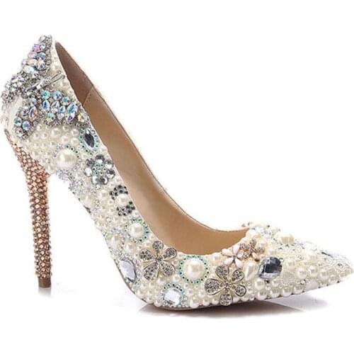 Womens high-end colorful pearls single shoes lady with ultra fine with pointed shoes fashion wedding leather shoes