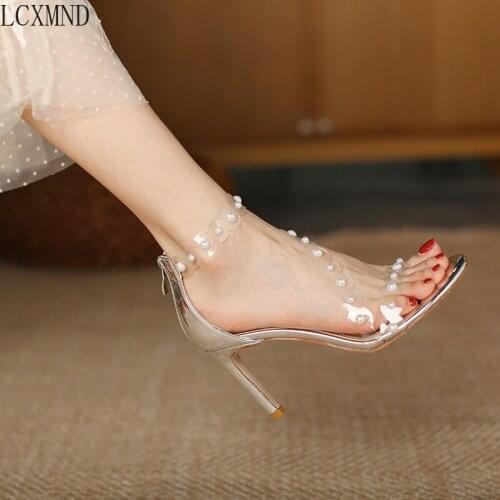 High Quality Womens Heeled Sandal 2021 New Summer Fairy Sandal with Slim Heel with Transparent Belt with Pearl Zipper Heel 8cm