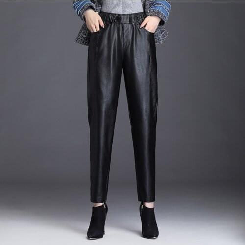 Womens pu leather pants new womens autumn and winter fashion temperament nine points casual pants Slim black feet pants