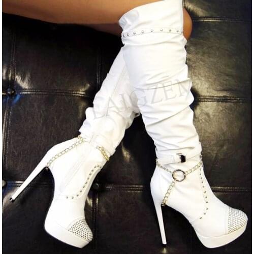 LAIGZEM 2020 Women Platform High Heel Knee High Boots Zip Pleated Sloutch Winter Boots Shoes Bottine Femme Large Size 50 51 52