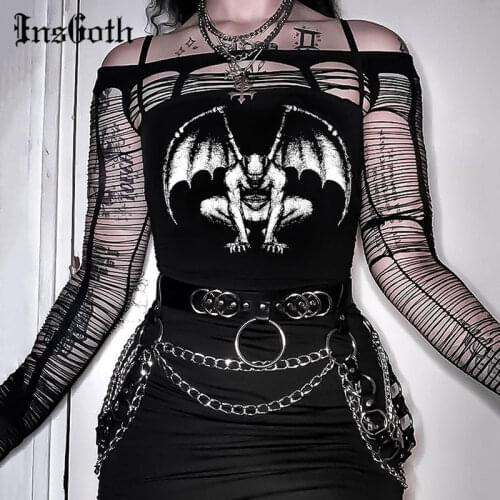 InsGoth Mall Goth Demon Print Black Camis Punk Sexy Bodycon Crop Top Streetwear Harajuku Summer Strapless Women Tops Club Wear